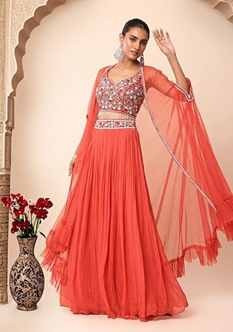 Living Coral Embroidered Designer Fusion Set