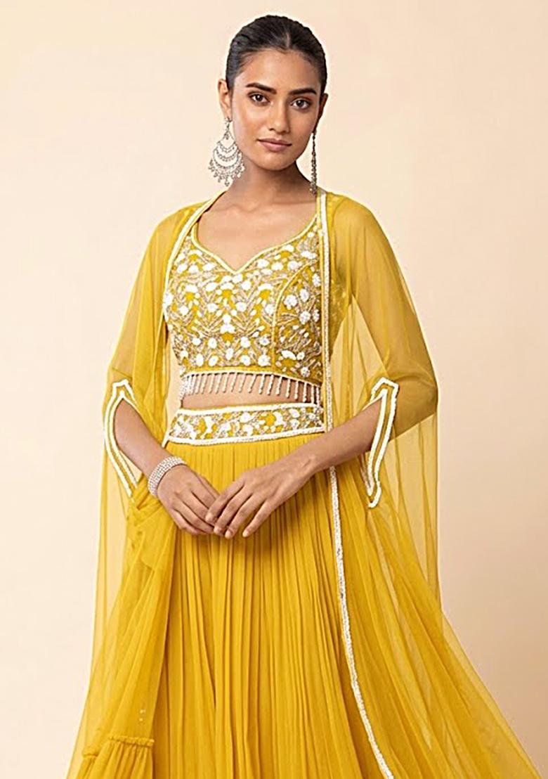 Prime Rose Yellow Embroidered Designer Fusion Set - Indya
