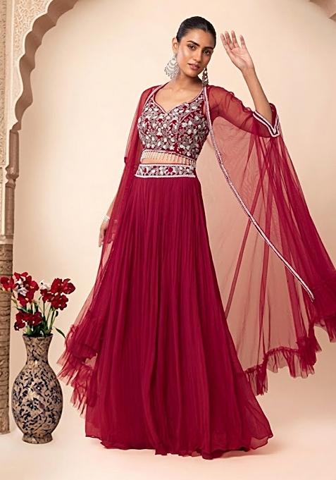 Deep Wine Embroidered Designer Fusion Set