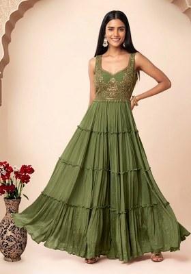 Olive Green Embroidered Designer Anarkali