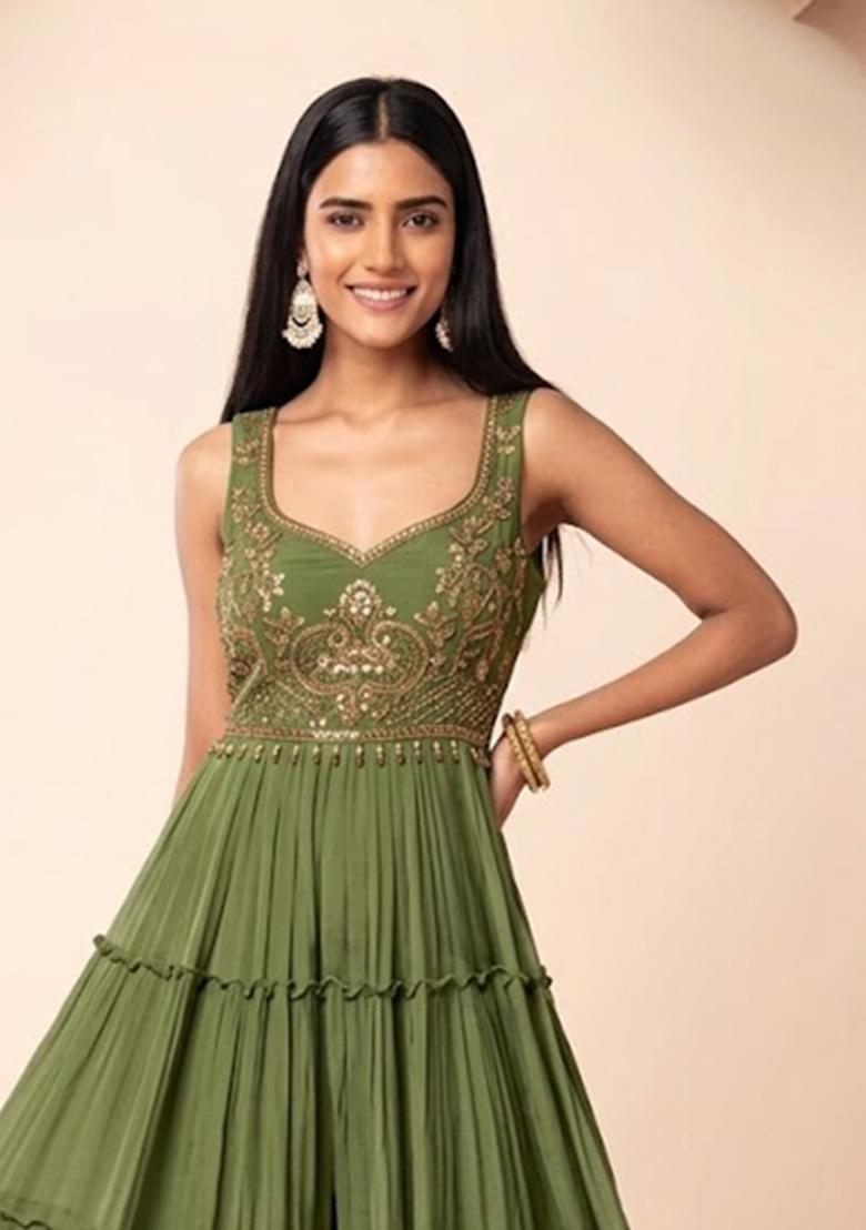 Olive Green Embroidered Designer Anarkali - Indya