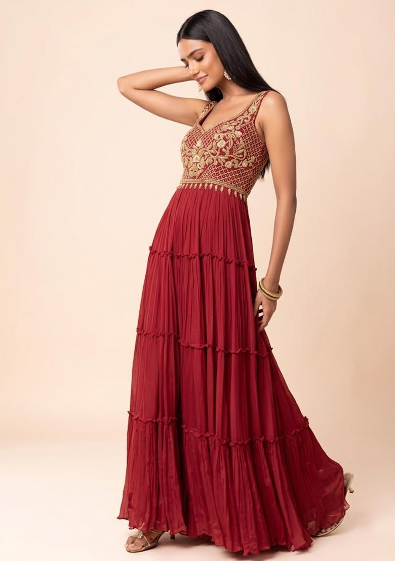 Red Embroidered Designer Anarkali - Indya