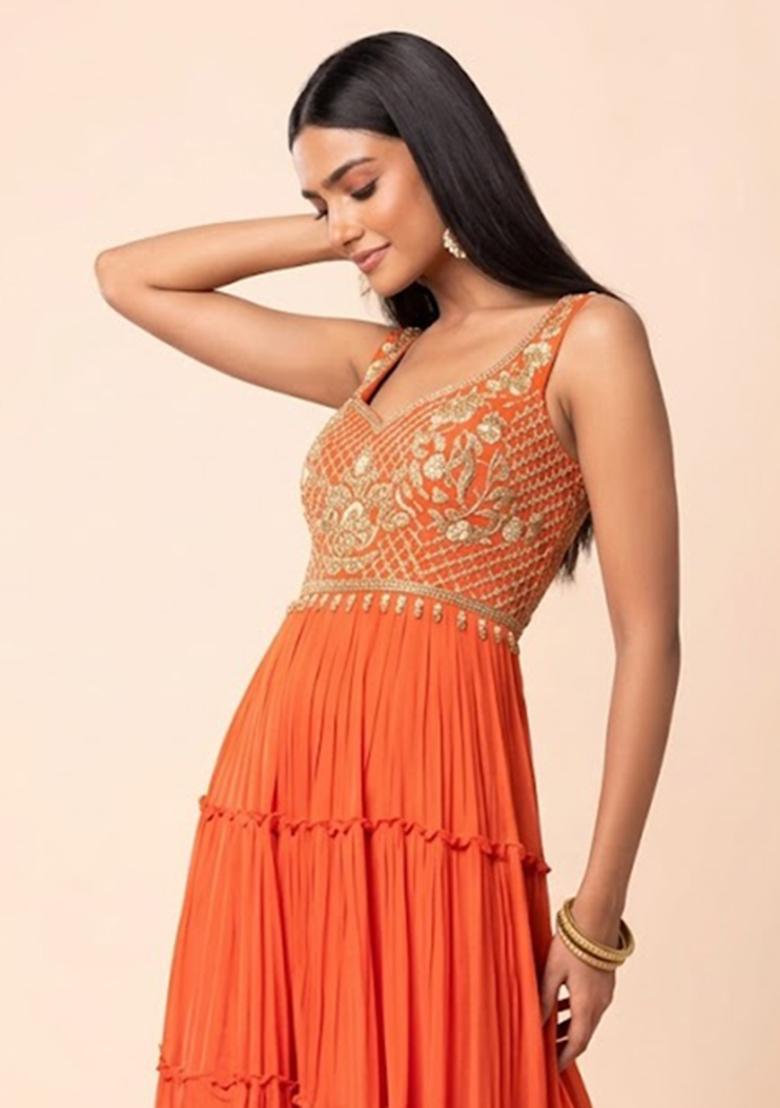 Orange Embroidered Designer Anarkali - Indya