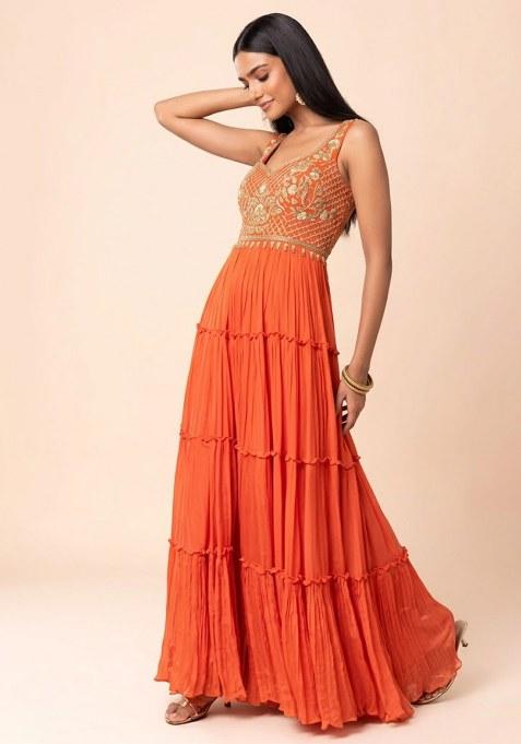 Orange  Embroidered Designer Anarkali