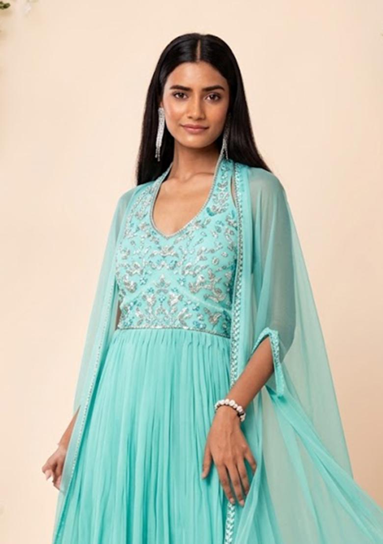 Turquoise Embroidered Designer Anarkali - Indya