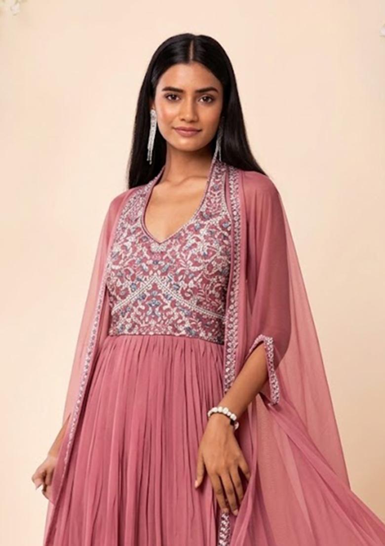 Rose Shadow Embroidered Designer Anarkali - Indya