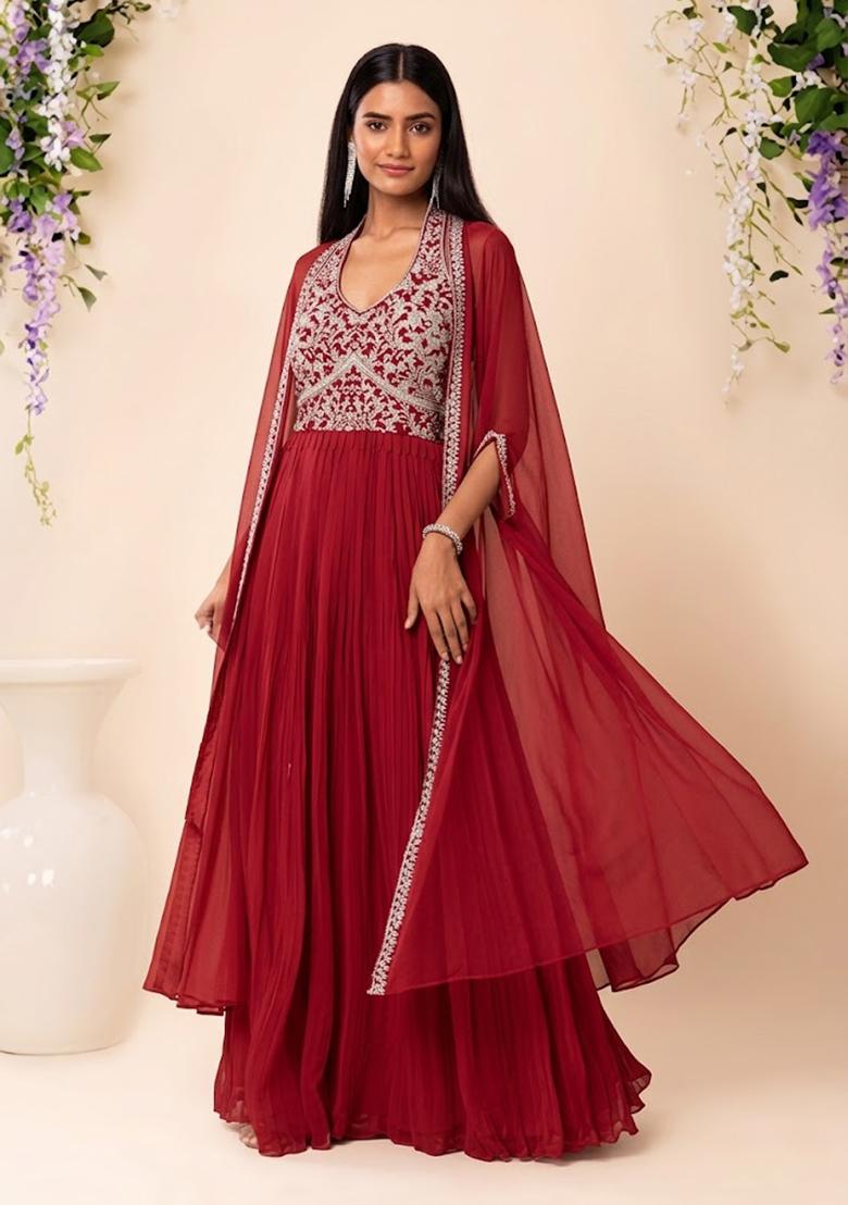 Red Embroidered Designer Anarkali - Indya