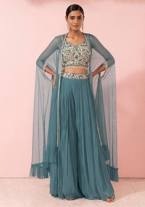 Teal Embellished Designer Fusion Set