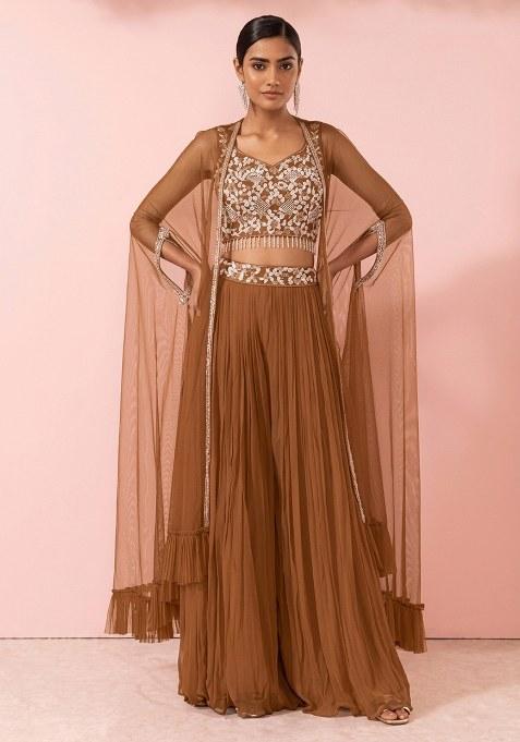 Brown Embellished Designer Fusion Set — view on Indya