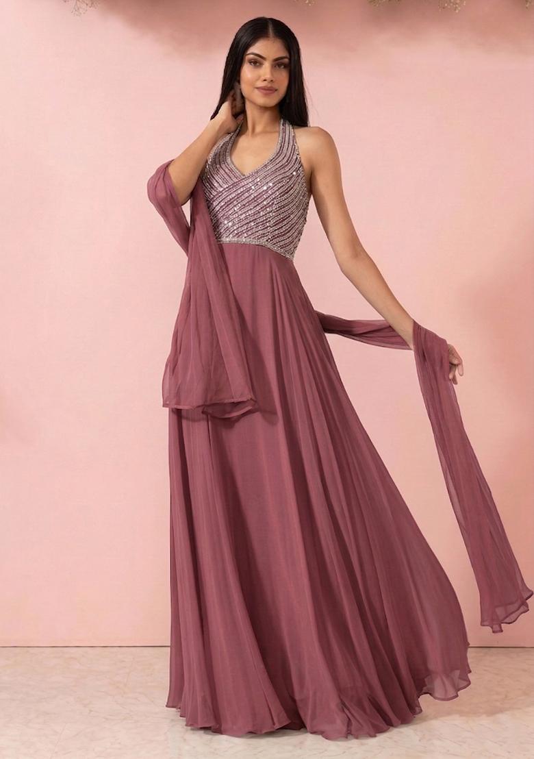 Pink Embellished Designer Anarkali With Dupatta - Indya