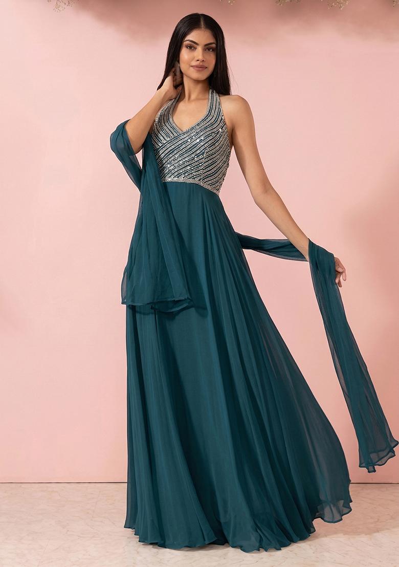 Deep Teal Embellished Designer Anarkali With Dupatta - Indya