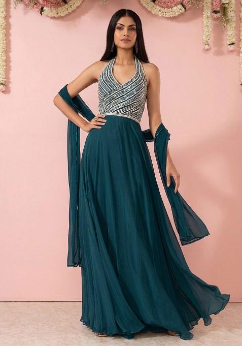 Deep Teal Embellished Designer Anarkali With Dupatta