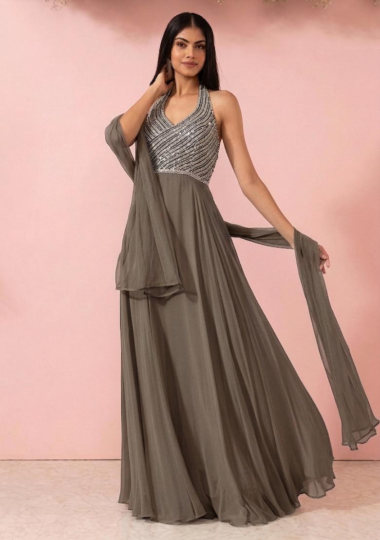 Desert Taupe Embellished Designer Anarkali With Dupatta - Indya
