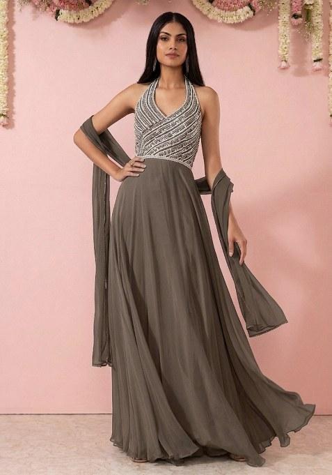 Desert Taupe Embellished Designer Anarkali With Dupatta