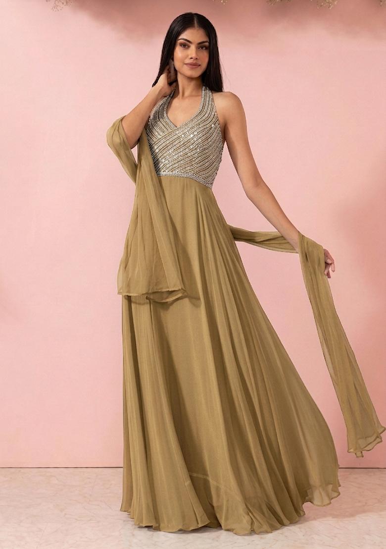 Gold Embellished Designer Anarkali With Dupatta - Indya
