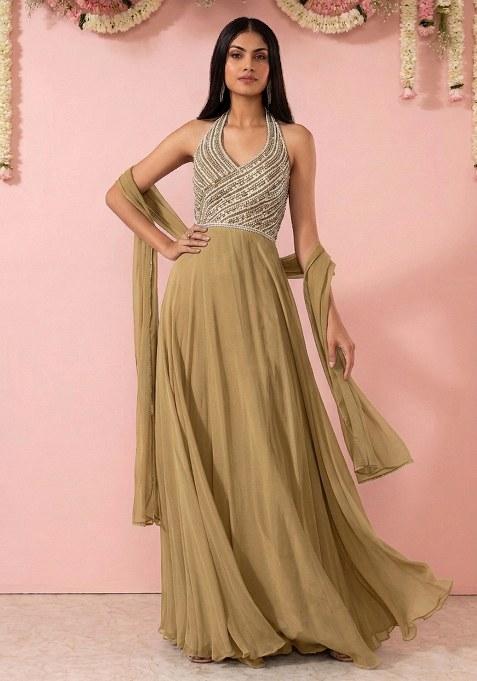 Gold Embellished Designer Anarkali With Dupatta