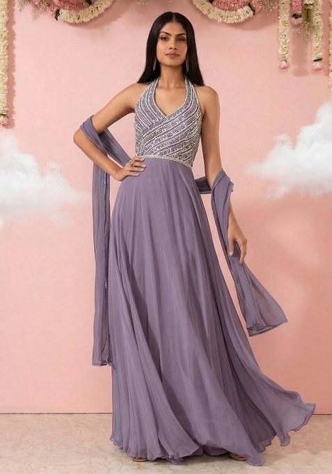 Quiet Violet Embellished Designer Anarkali With Dupatta