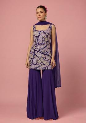 Deep Purple Floral Print Crepe Sharara Set