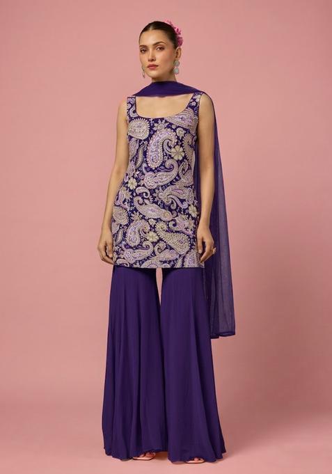 Deep Purple Floral Print Crepe Sharara Set