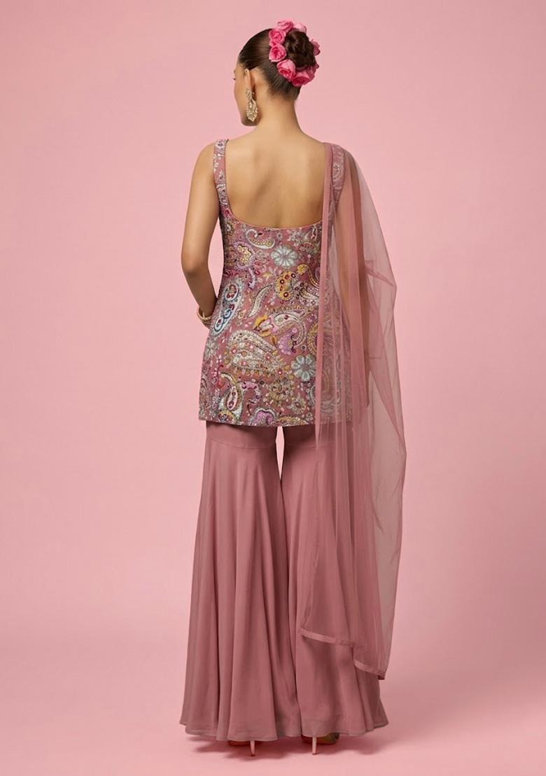Pink Floral Print Crepe Sharara Set - Indya