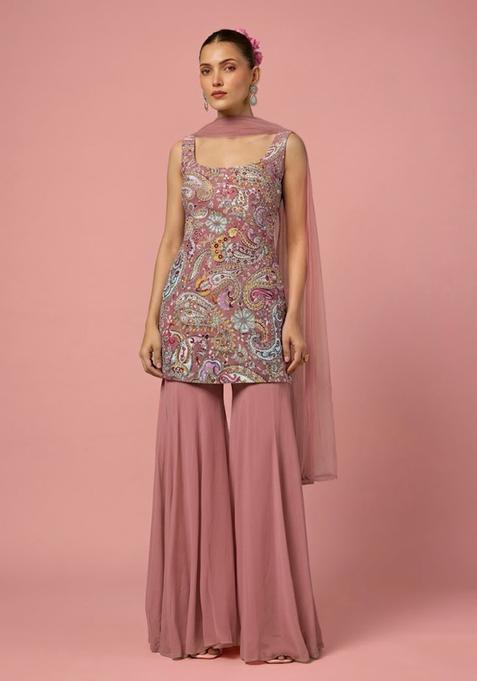 Pink Floral Print Crepe Sharara Set