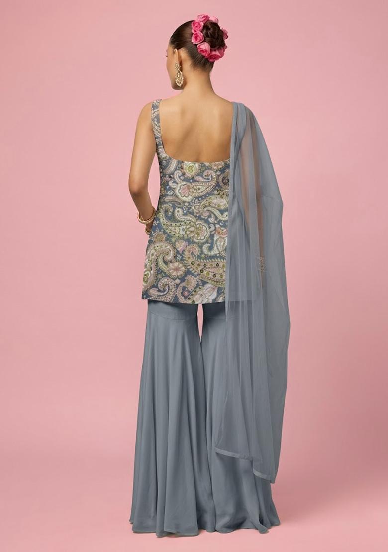 Blue Floral Print Crepe Sharara Set - Indya