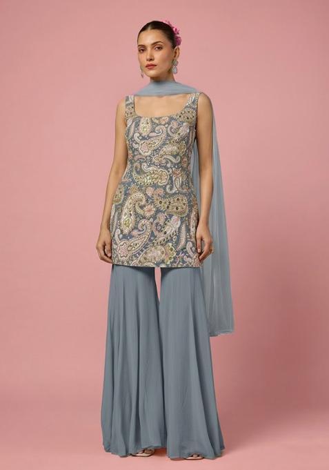 Blue Floral Print Crepe Sharara Set