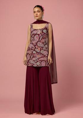 Red Floral Print Crepe Sharara Set