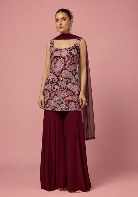 Red Floral Print Crepe Sharara Set
