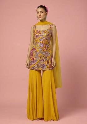 Yellow Floral Print Crepe Sharara Set