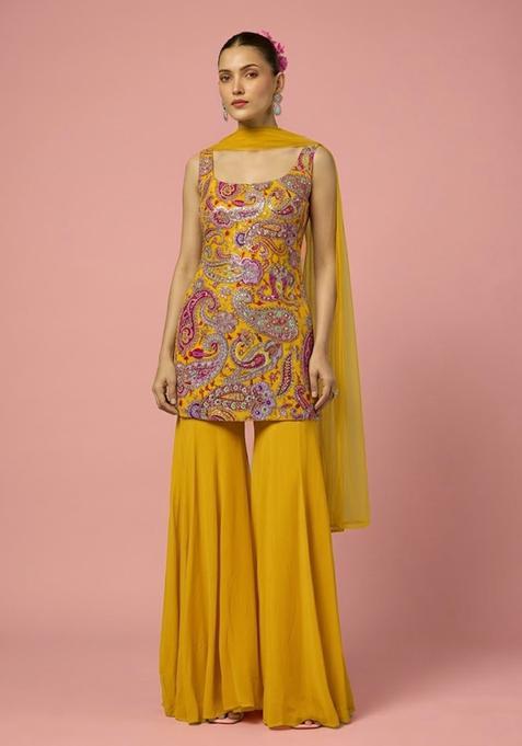 Yellow Floral Print Crepe Sharara Set