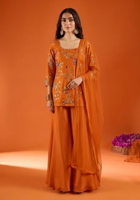 Burnt Orange Embroidered Crepe Sharara Set