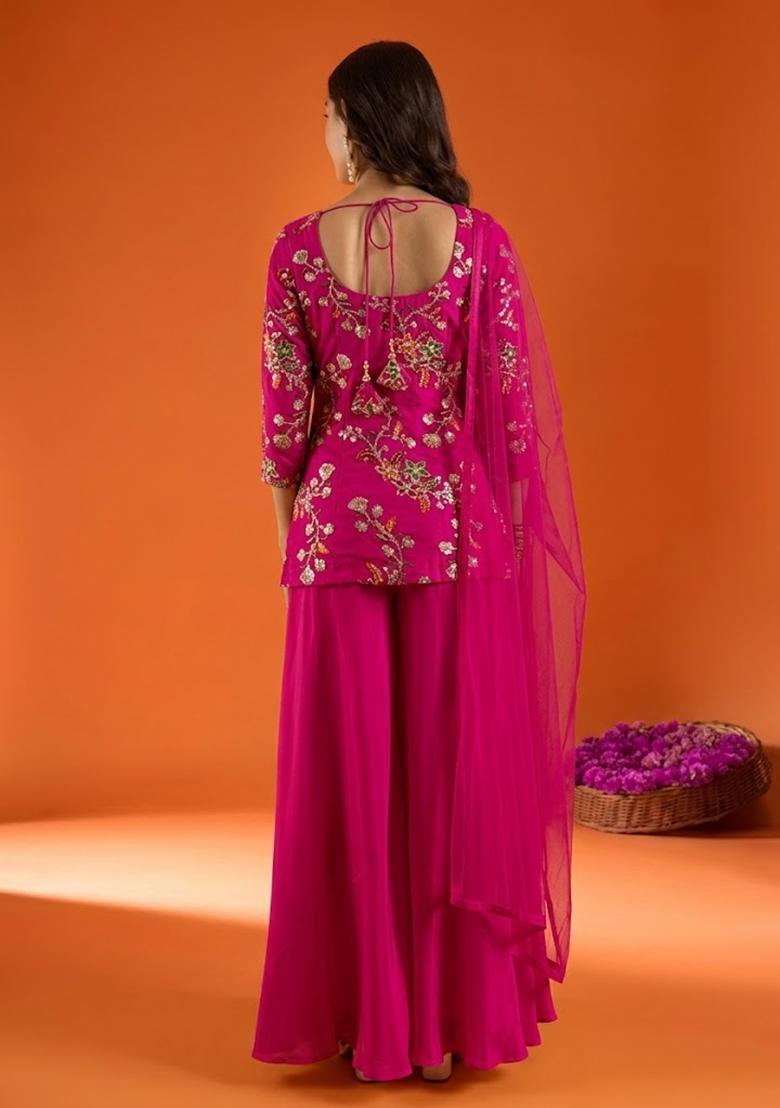 Pink Embroidered Crepe Sharara Set - Indya