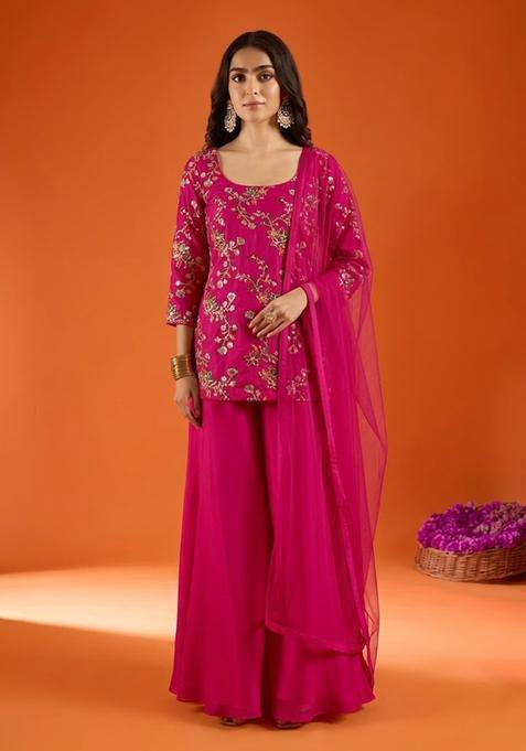 Pink Embroidered Crepe Sharara Set