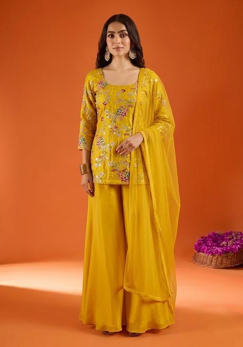 Yellow Embroidered Crepe Sharara Set