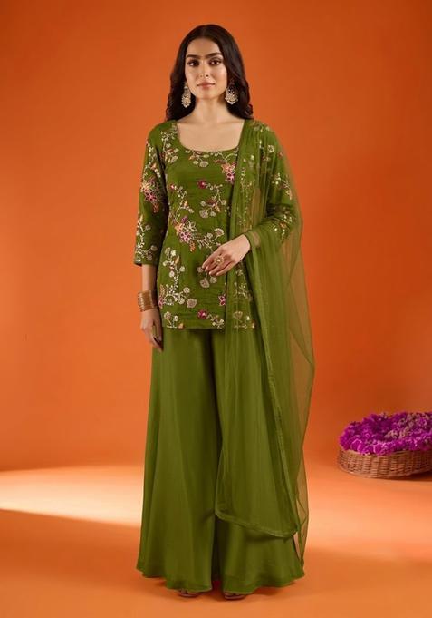 Green Embroidered Crepe Sharara Set