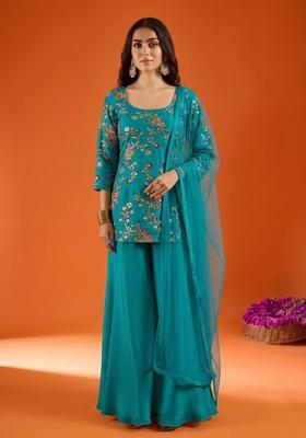 Blue Embroidered Crepe Sharara Set
