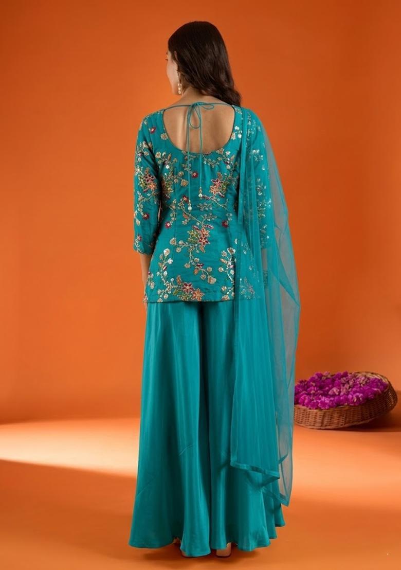 Blue Embroidered Crepe Sharara Set - Indya