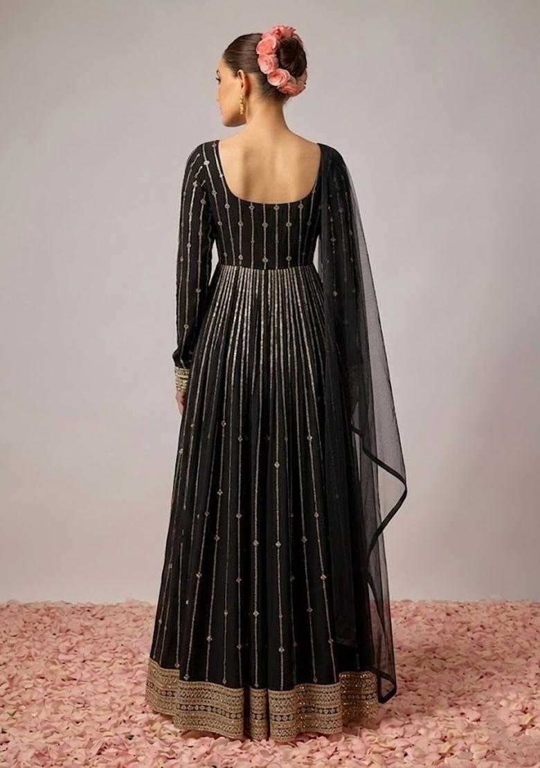 Jet Black Embroidered Crepe Anarkali with Dupatta - Indya