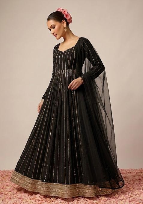 Jet Black Embroidered Crepe Anarkali with Dupatta