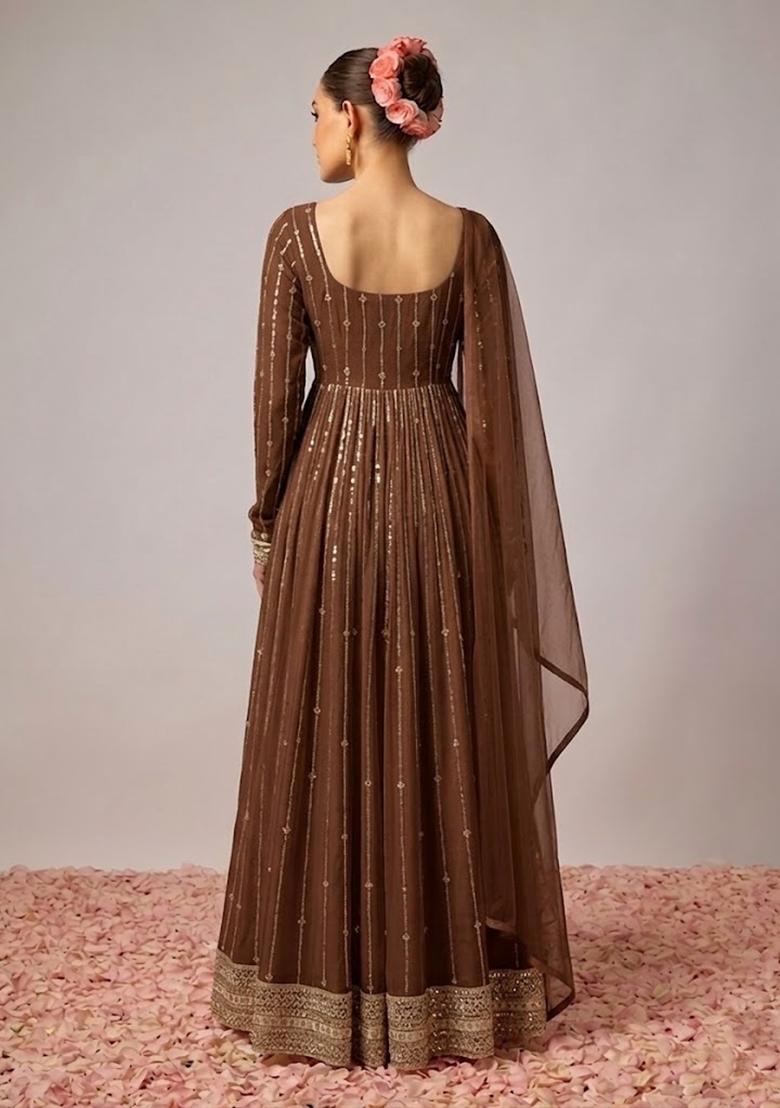 Brown Embroidered Crepe Anarkali with Dupatta - Indya