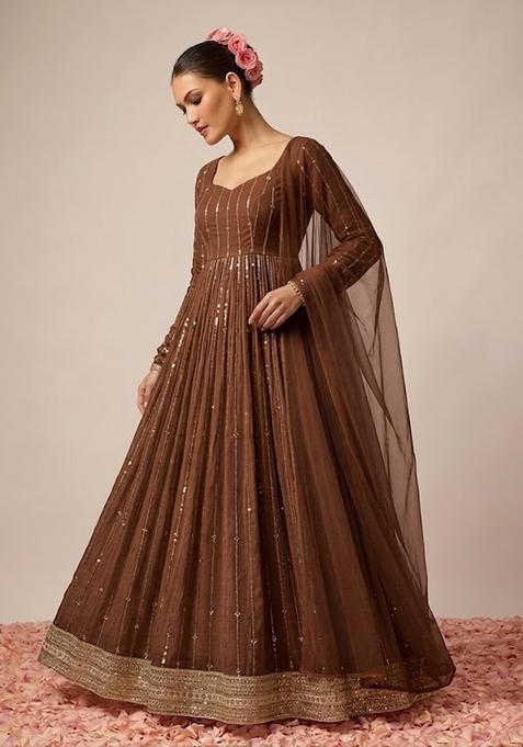 Brown Embroidered Crepe Anarkali with Dupatta