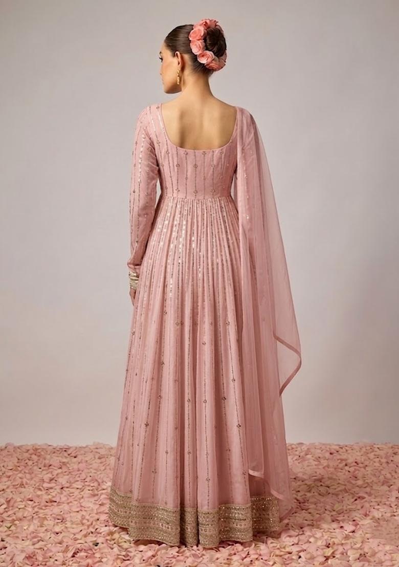 Pink Embroidered Crepe Anarkali with Dupatta - Indya