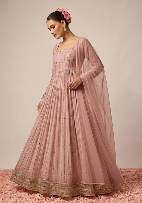Pink Embroidered Crepe Anarkali with Dupatta