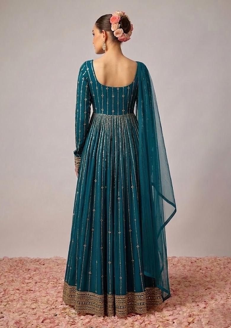 Blue Embroidered Crepe Anarkali with Dupatta - Indya
