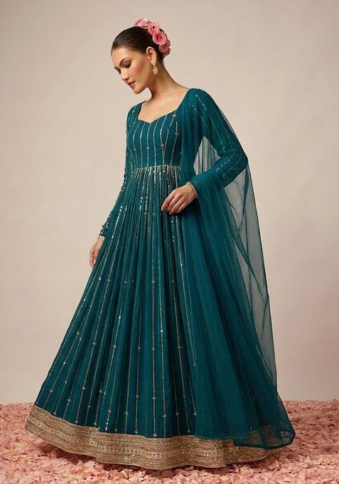 Blue Embroidered Crepe Anarkali with Dupatta