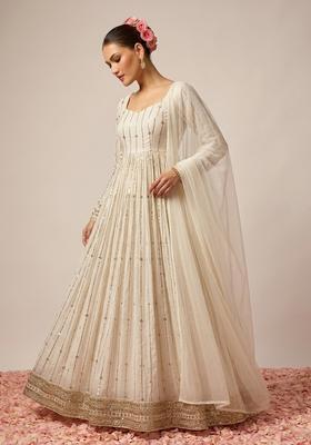 White Embroidered Crepe Anarkali with Dupatta