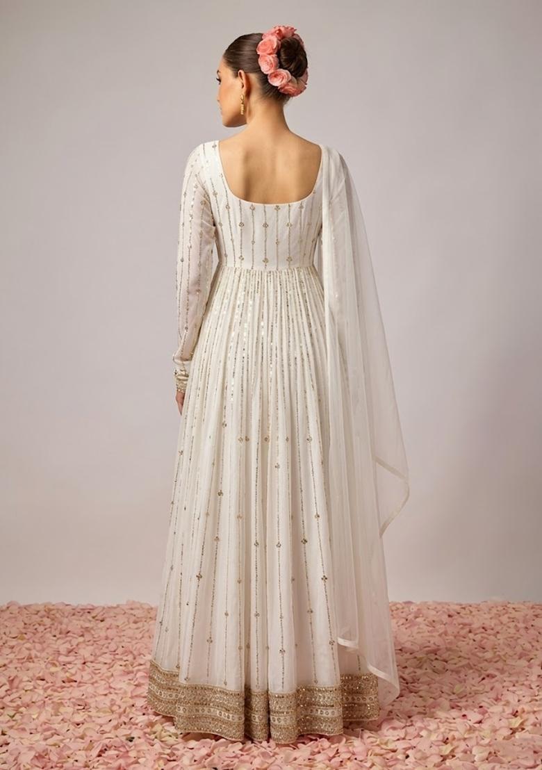White Embroidered Crepe Anarkali with Dupatta - Indya