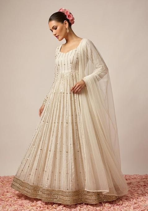 White Embroidered Crepe Anarkali with Dupatta
