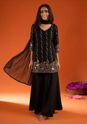 Jet Black Embroidered Crepe Sharara Set